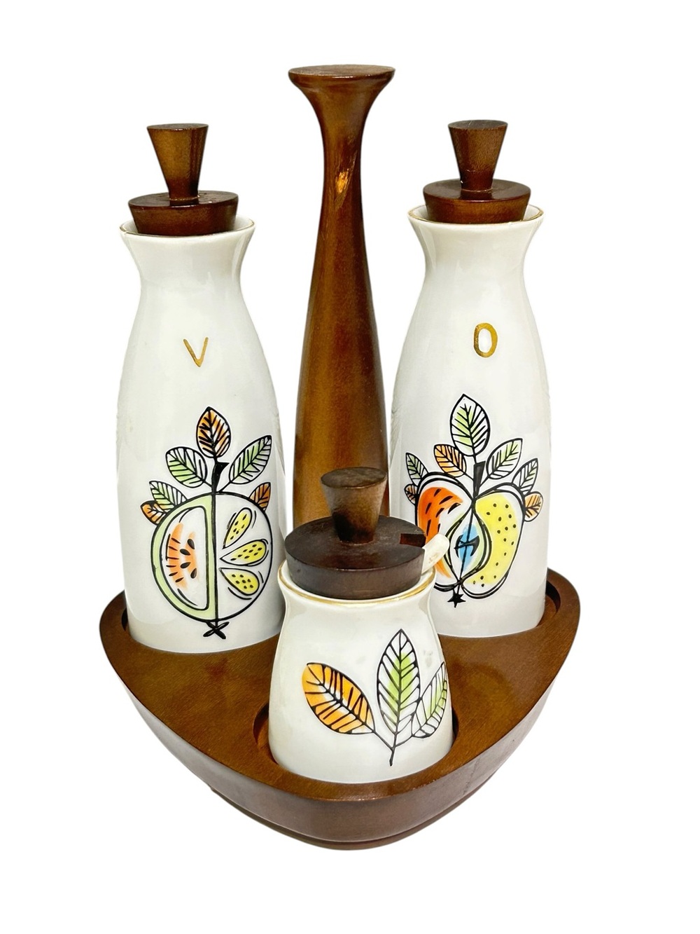Vtg MCM Ceramic Wood Cruet Condiment Set Caddy Oil Vinegar Mustard Jar Japan
